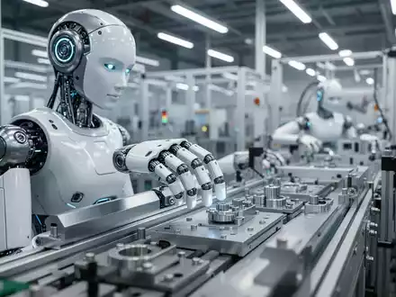 Ein humanoider Roboter arbeitet an einer modernen automatisierten Fließbandfertigung in einer High-Tech-Fabrik. - Foto: über boerse-global.de