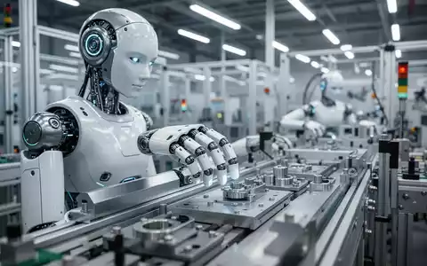 Ein humanoider Roboter arbeitet an einer modernen automatisierten Fließbandfertigung in einer High-Tech-Fabrik. - Foto: über boerse-global.de
