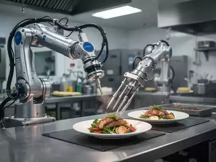 Hochmoderner Roboterarm in einer professionellen Großküche zur automatischen Speisenzubereitung. - Foto: über boerse-global.de