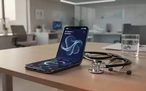 Ein Smartphone mit einer Gesundheits-App auf einem Schreibtisch neben einem Stethoskop in einer modernen Arztpraxis. - Foto: über boerse-global.de
