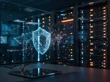 Dunkles Cybersecurity-Einsatzzentrum mit leuchtenden digitalen Netzwerkvisualisierungen und Serverrack-Lichtern im Hintergrund. - Foto: über boerse-global.de