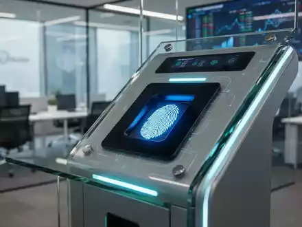 Nahaufnahme eines leuchtenden biometrischen Fingerabdruckscanners an einem modernen Bankterminal, der sichere digitale IdentitĂ€t reprĂ€sentiert. - Foto: ĂŒber boerse-global.de