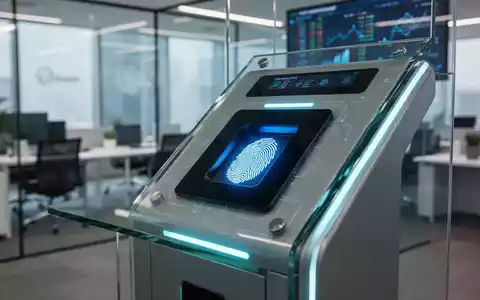 Nahaufnahme eines leuchtenden biometrischen Fingerabdruckscanners an einem modernen Bankterminal, der sichere digitale Identität repräsentiert. - Foto: über boerse-global.de