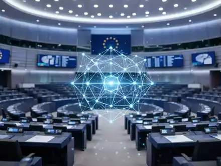 Moderner europäischer Parlamentssaal mit digitalem holografischen Netzwerkknoten für KI-Sicherheit und Regulierung. - Foto: über boerse-global.de
