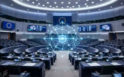 Moderner europäischer Parlamentssaal mit digitalem holografischen Netzwerkknoten für KI-Sicherheit und Regulierung. - Foto: über boerse-global.de