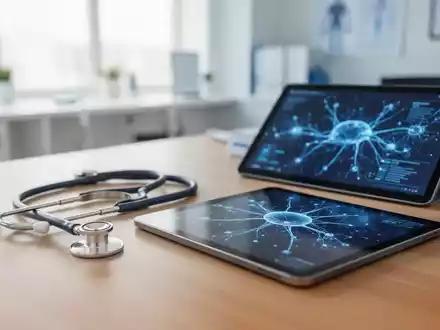 Modernes Behandlungszimmer mit medizinischen Instrumenten und einem Tablet, das neuronale Daten visualisiert. - Foto: über boerse-global.de