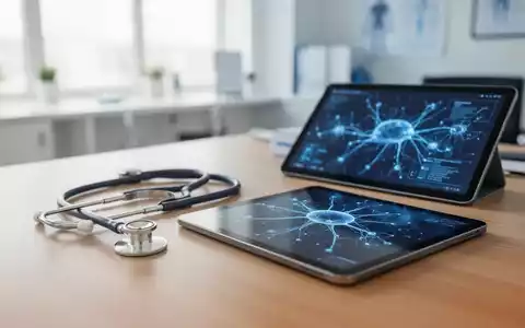 Modernes Behandlungszimmer mit medizinischen Instrumenten und einem Tablet, das neuronale Daten visualisiert. - Foto: über boerse-global.de