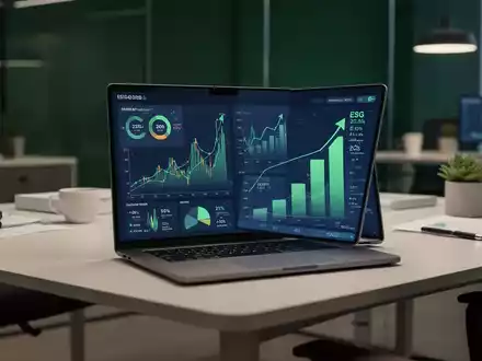 Moderner Arbeitsplatz im Finanzsektor mit Diagrammen zur Wertentwicklung und Nachhaltigkeitskennzahlen auf einem Laptop. - Foto: über boerse-global.de