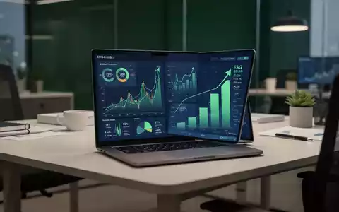 Moderner Arbeitsplatz im Finanzsektor mit Diagrammen zur Wertentwicklung und Nachhaltigkeitskennzahlen auf einem Laptop. - Foto: über boerse-global.de