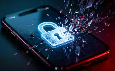 Ein leuchtendes digitales Schloss auf einem Smartphone-Display, das von abstraktem Binärcode durchbrochen wird. - Foto: über boerse-global.de