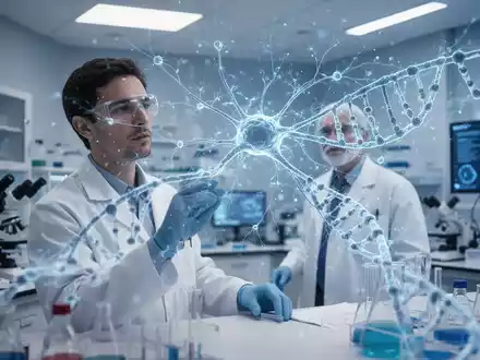 Wissenschaftler in einem modernen Labor betrachtet eine holografische Darstellung neuronaler Netzwerke und DNA-Strukturen. - Foto: über boerse-global.de