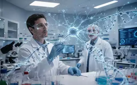 Wissenschaftler in einem modernen Labor betrachtet eine holografische Darstellung neuronaler Netzwerke und DNA-Strukturen. - Foto: ĂŒber boerse-global.de