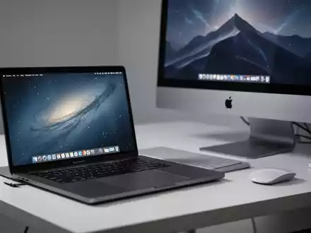 Modernes MacBook Pro und iMac auf einem sauberen, professionellen Arbeitsplatz mit filmischer Beleuchtung. - Foto: über boerse-global.de