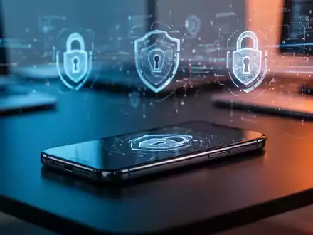 Ein modernes Smartphone auf einem Schreibtisch vor einem verschwommenen digitalen Hintergrund, der Cybersicherheit symbolisiert. - Foto: über boerse-global.de