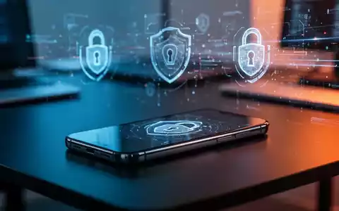 Ein modernes Smartphone auf einem Schreibtisch vor einem verschwommenen digitalen Hintergrund, der Cybersicherheit symbolisiert. - Foto: über boerse-global.de