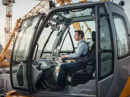 Ein Arbeiter in der ergonomischen Kabine eines modernen Krans mit Fokus auf Bedienkomfort und optimale Sichtverhältnisse. - Foto: über boerse-global.de