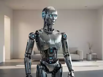 Schlanker humanoider Roboter in modernem Wohnambiente, Symbol für Robotik im Alltag. - Foto: über boerse-global.de