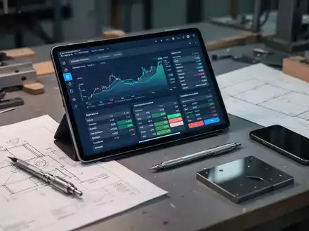 Schreibtisch in einem Handwerksbetrieb mit digitalen Finanzdiagrammen auf einem Tablet, Bauplänen und Arbeitsutensilien. - Foto: über boerse-global.de