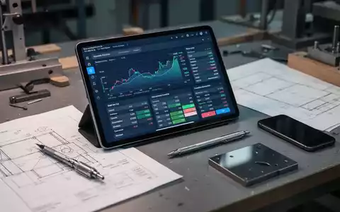 Schreibtisch in einem Handwerksbetrieb mit digitalen Finanzdiagrammen auf einem Tablet, Bauplänen und Arbeitsutensilien. - Foto: über boerse-global.de