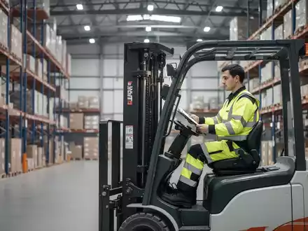 Ein Staplerfahrer in Sicherheitskleidung bei der Bedienung eines Gabelstaplers in einem modernen Logistiklager. - Foto: über boerse-global.de