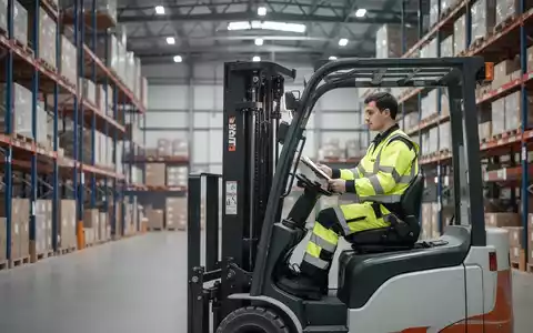 Ein Staplerfahrer in Sicherheitskleidung bei der Bedienung eines Gabelstaplers in einem modernen Logistiklager. - Foto: über boerse-global.de