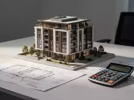 Architekturmodell eines Wohngebäudes auf einem Schreibtisch mit Bauplänen und Taschenrechner zur Immobilienbewertung. - Foto: über boerse-global.de