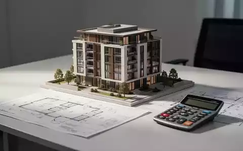 Architekturmodell eines Wohngebäudes auf einem Schreibtisch mit Bauplänen und Taschenrechner zur Immobilienbewertung. - Foto: über boerse-global.de