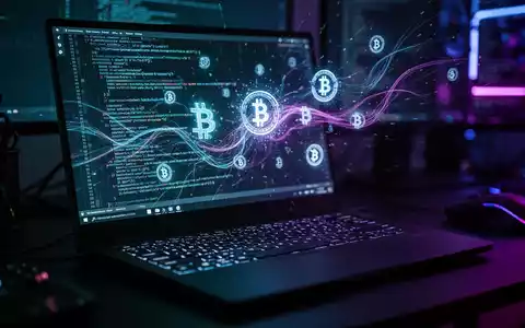 Ein dunkler Arbeitsplatz mit einem Laptop, auf dessen Bildschirm abstrakte Programmiercodes und Kryptosymbole leuchten. - Foto: über boerse-global.de