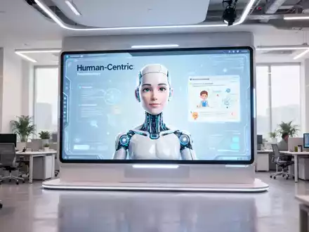 Ein digitaler KI-Avatar auf einem Bildschirm in einer modernen Büroumgebung, der professionelle Schulungsinhalte präsentiert. - Foto: über boerse-global.de