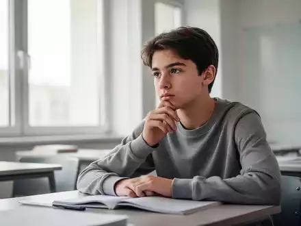 Nachdenklicher Jugendlicher an einem Schreibtisch in einem hellen, modernen Klassenzimmer. - Foto: über boerse-global.de