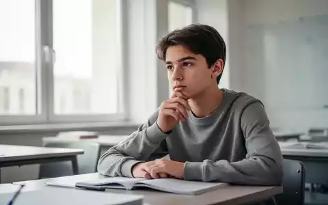 Nachdenklicher Jugendlicher an einem Schreibtisch in einem hellen, modernen Klassenzimmer. - Foto: über boerse-global.de