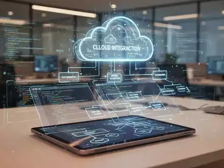 Holografische Datenvisualisierung von Softwarearchitektur und Cloud-Migration in einem modernen Büro. - Foto: über boerse-global.de