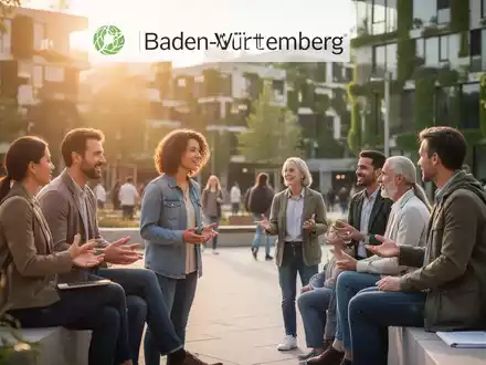 Menschen im Gespräch auf einem modernen Stadtplatz in Baden-Württemberg als Symbol für gesellschaftliche Resilienz. - Foto: über boerse-global.de