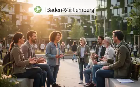 Menschen im Gespräch auf einem modernen Stadtplatz in Baden-Württemberg als Symbol für gesellschaftliche Resilienz. - Foto: über boerse-global.de