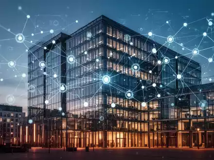Modernes Glasbürogebäude in Berlin mit digitalen Netzwerkknoten, die deutsche Startup- und Verteidigungsinvestitionen symbolisieren. - Foto: über boerse-global.de