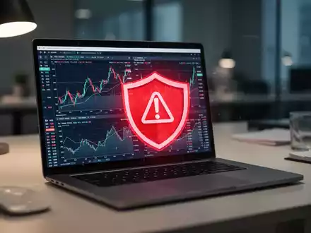 Laptop-Bildschirm mit Finanzdaten und rotem Warnsymbol für Cybersicherheit und Anlageregulierung. - Foto: über boerse-global.de