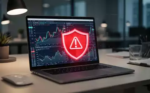 Laptop-Bildschirm mit Finanzdaten und rotem Warnsymbol für Cybersicherheit und Anlageregulierung. - Foto: über boerse-global.de