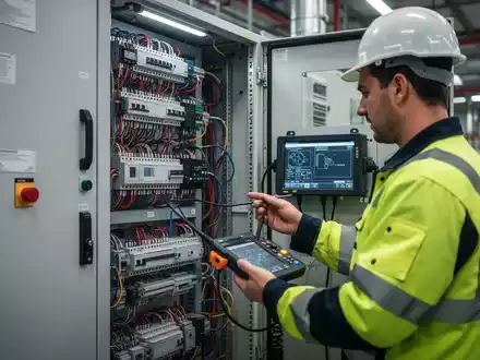 Techniker bei der Wartung einer modernen elektrischen Schaltanlage mit professionellem Prüfwerkzeug. - Foto: über boerse-global.de
