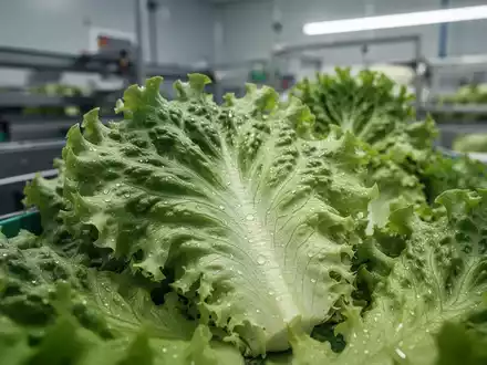 Nahaufnahme von frischem, gewaschenem Eisbergsalat in einer modernen Lebensmittelverarbeitungsanlage. - Foto: über boerse-global.de