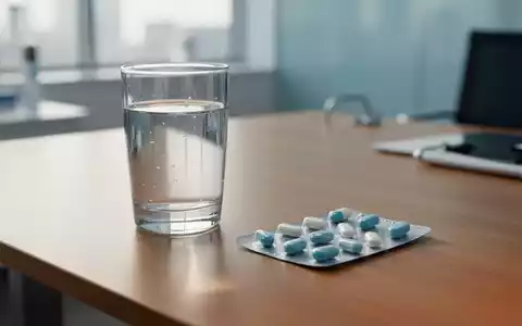 Nahaufnahme von Nahrungsergänzungsmitteln und einem Glas Wasser auf einem Holztisch in einer medizinischen Praxis. - Foto: über boerse-global.de
