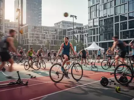 Vielfältige Sportler bei einem urbanen Multisport-Event im Sommer vor moderner Stadtkulisse. - Foto: über boerse-global.de