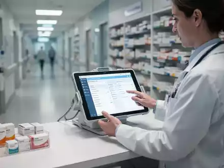 Klinische Apothekerin prüft an einem Tablet digitale Patientendaten zur Arzneimitteltherapiesicherheit im Krankenhaus. - Foto: über boerse-global.de
