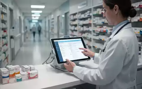 Klinische Apothekerin prüft an einem Tablet digitale Patientendaten zur Arzneimitteltherapiesicherheit im Krankenhaus. - Foto: über boerse-global.de