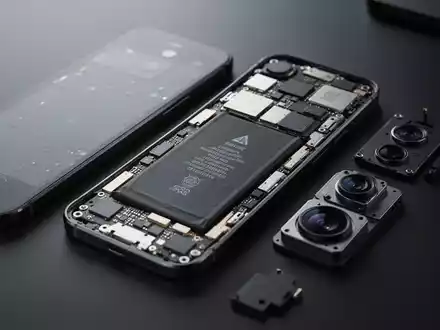 Innenkomponenten eines zerlegten Smartphones auf dunkler Arbeitsfläche, Ingenieurspräzision hervorgehoben. - Foto: über boerse-global.de