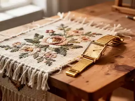 Nahaufnahme eines handgefertigten Textils mit Blumenmuster neben einer klassischen, rechteckigen Armbanduhr auf einem Holztisch. - Foto: über boerse-global.de