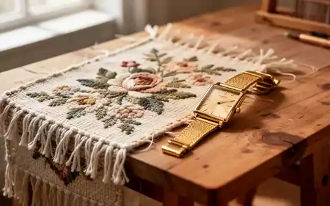 Nahaufnahme eines handgefertigten Textils mit Blumenmuster neben einer klassischen, rechteckigen Armbanduhr auf einem Holztisch. - Foto: über boerse-global.de