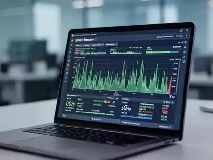 Ein Laptop-Bildschirm zeigt Systemressourcen-Monitor-Diagramme mit hoher Speicherauslastung in einem professionellen Büro. - Foto: über boerse-global.de
