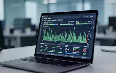 Ein Laptop-Bildschirm zeigt Systemressourcen-Monitor-Diagramme mit hoher Speicherauslastung in einem professionellen Büro. - Foto: über boerse-global.de