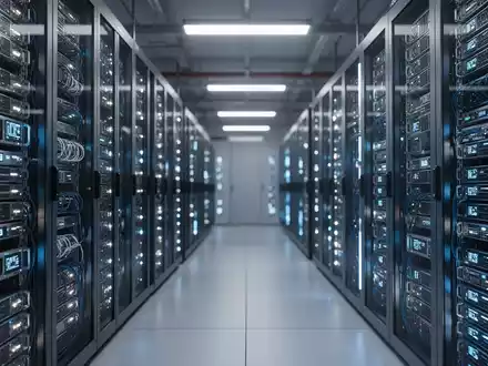 Reihen moderner Server-Racks in einem KI-Rechenzentrum mit blauen Statusleuchten. - Foto: über boerse-global.de