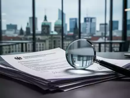 Ein Schreibtisch mit offiziellen Dokumenten und einer Lupe vor einem verschwommenen Berliner Stadtbild. - Foto: über boerse-global.de